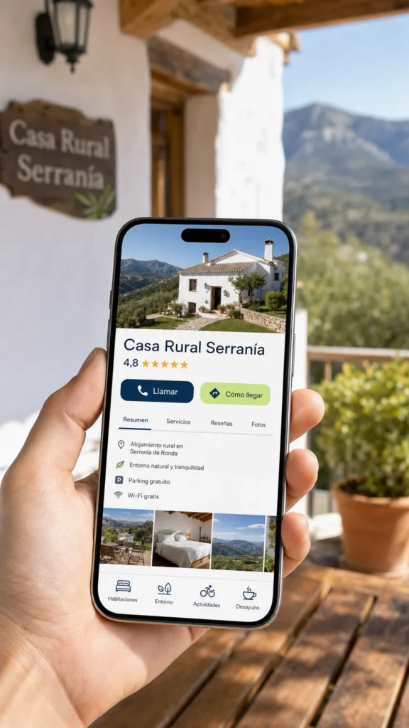 Móvil mostrando una ficha local optimizada de una casa rural de la Serranía de Ronda