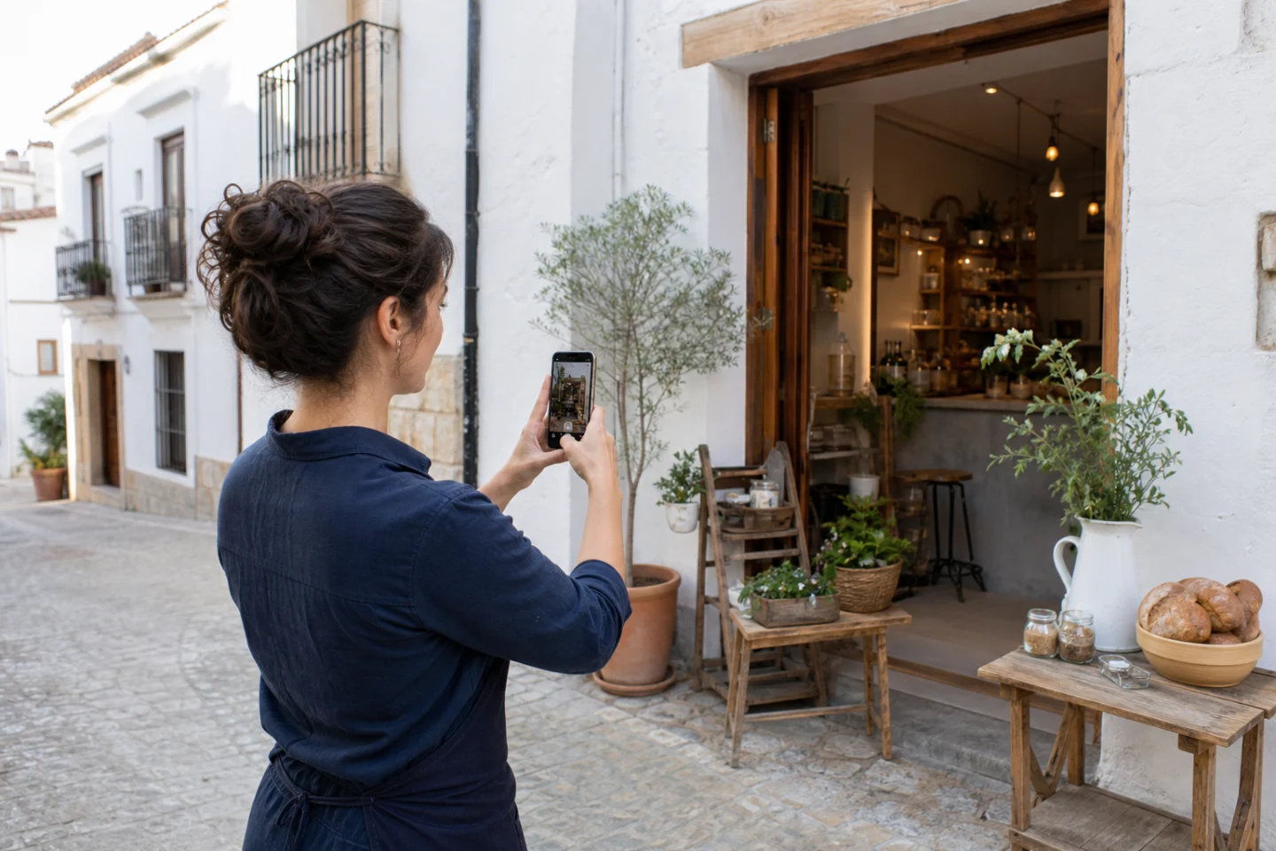 Comerciante fotografiando su negocio para mejorar su Perfil de Empresa en Google